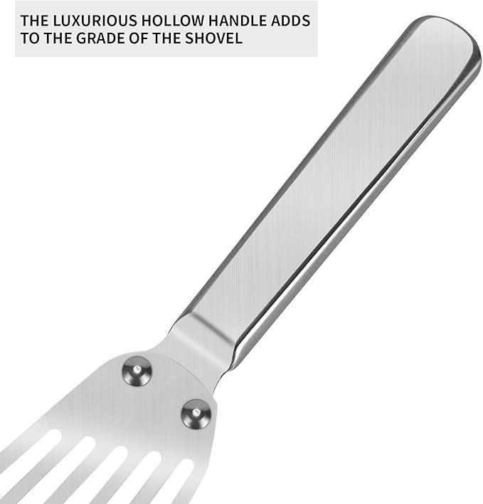 KSENDALO Stainless Steel Fish Spatula Set of 2- Metal Thin Slotted Turner for Kitchen Cooking, Flexible Egg Flipper with Blade with Riveted Handle for Cooking, Hollow Grip Design