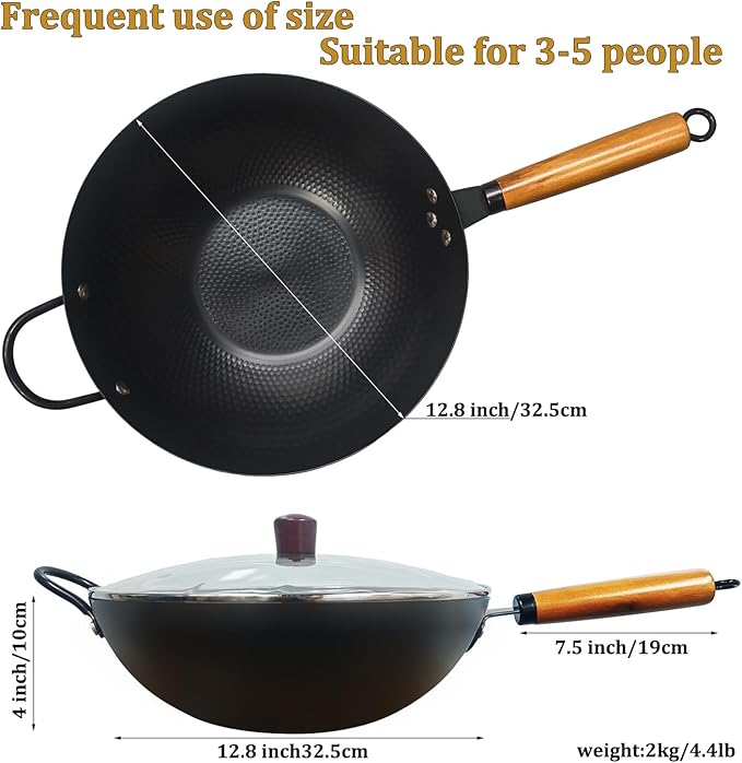 Nonstick Wok,Carbon Steel Wok 12.8-Inch Pan with Glass Lid,Woks & Stir-Fry Pans for Frying Electric,Induction,Gas Stoves Cooking