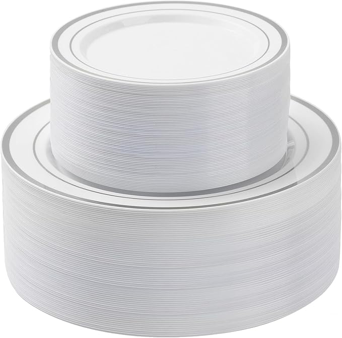BESTSTAR 100 Piece Silver Rim Plastic Plates - 50 Dinner Plates 10.25" & 50 Dessert Plates 7.5" - Premium White Disposable Plates, Heavy Duty & Elegant for Wedding, Party, and Formal Events