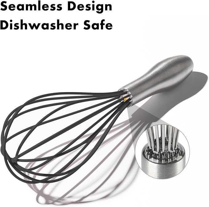 10-Inch Black Silicone Whisk, Heat Resistant 480°F Kitchen Whisk with Stainless Steel Ergonomic Handle, Non-Scratch for Nonstick Cookware, Dishwasher Safe, Perfect for Blending, Cooking & Beating