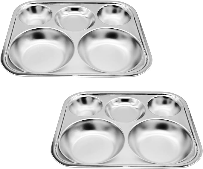 Korean Stainless Steel Divided Plates for Adults, Teens, Premium 304, Electro-Polished, No Black Residue, BPA-Free, Large 5-Compartment Food Tray, Diet Portion Control, Camping, Set of 2