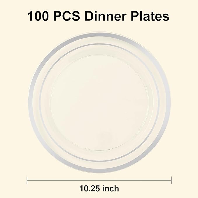 BESTSTAR 100PCS Clear Plastic Plates for Party, 10.25 Inch Disposable Plates with Silver Rim, Heavy Duty Dinner Plates for Wedding and Birthday