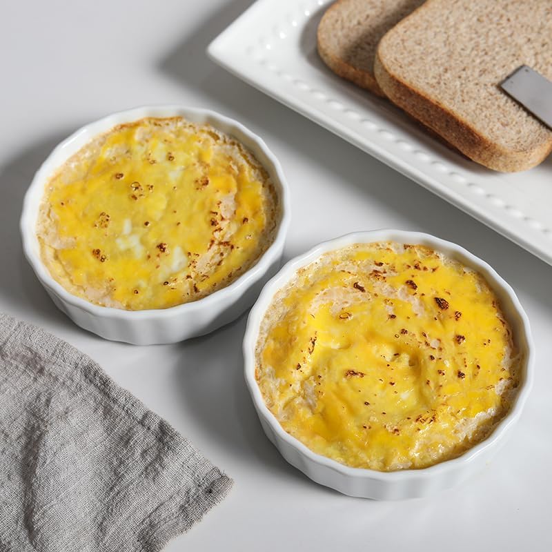 6 Oz Creme Brulee Dishes, Creme Brulee Ramekins Set of 6, Ceramic Brulee Souffles Dishes, Wave Round Ramekins Pie Pan, White Baking Dish for Dessert, Tart, Appetizers, Oven Dishwasher Safe