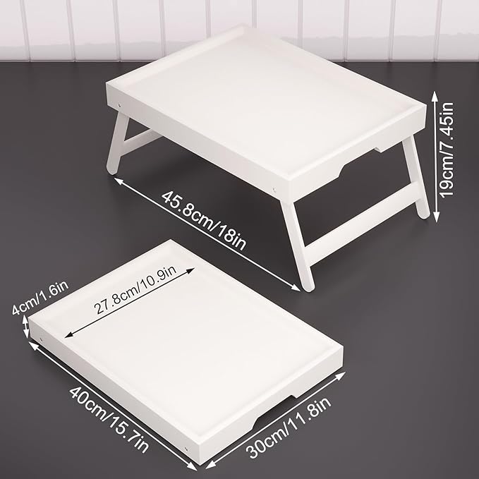 4 Pack Bamboo Bed Tray Table with Folding Legs,Breakfast Trays,Serving Tray for Food and Snack,Laptop Trays for Working(White)