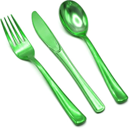 306 Count Heavy Duty Plastic Silverware - 102 Forks, 102 Knives, 102 Spoons Green Disposable Plastic Utensils Set Plastic Flatware Bulk Cutlery Sets for Holiday Party Dinner Wedding Gathering