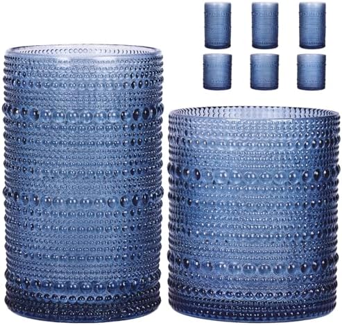 Moretoes Blue Hobnail Drinking Glasses Set of 6 Vintage Glass Cups