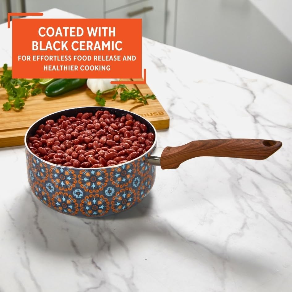 IMUSA 2 Qt Talavera Aluminum Black Ceramic Saucepan with Woodlook Handle