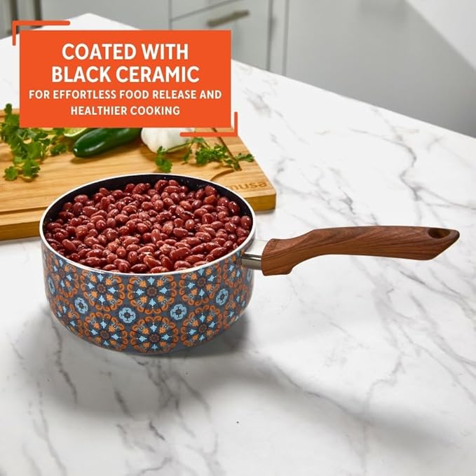 IMUSA 2 Quarts Talavera Nonstick Saucepan with Wood Look Handle, Ceramic Coated