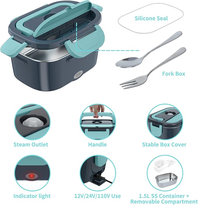 Electric Lunch Box, Food Warmer Heater 12V 24V 110V, 80W Faster Heated Lunch Box for Car/Truck/Home Portable Heating Boxes with 1.5L 304 SS Container Fork & Spoon