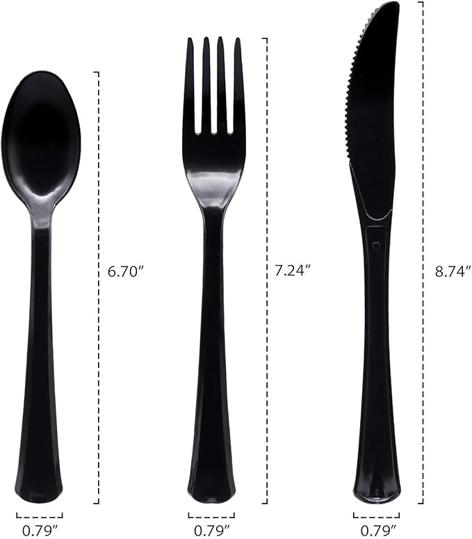 Party Essentials Extra Heavy Duty Hard Plastic Cutlery Combo Pack, Full Size Knives/Forks/Spoons, Black, 96-Pieces/ 32-Place Settings (N1224BK-4)