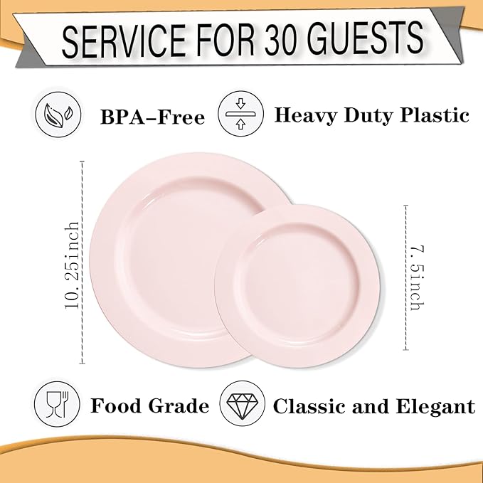 FLOWERCAT 60PCS Pink Plastic Plates - Heavy Duty Pink Plates Disposable for Easter Party&Mother's Day/Wedding - serving 30 guests Include 30PCS 10.25inch & 30PCS 7.5inch