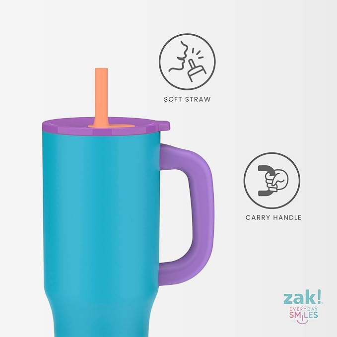 Zak Designs Sutton Travel Tumbler for On the Go, 40oz Stainless Steel with Vacuum Insulation, Silicone Straw, and Carry Handle for Cold Drinks (Smoky Lilac Purple)
