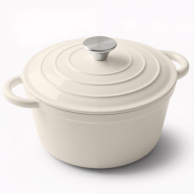 Miereirl 4.5 Quart Enameled Dutch Oven Pot with Lid, Cast Iron Dutch Oven with Dual Handles for Bread Baking, Cooking, Non-stick Enamel Coated Cookware (Beige)