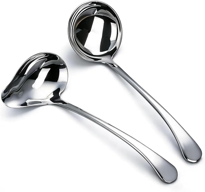 2-Piece Stainless Steel Small Ladle Set with Slanted Pour Spout, Sauce and Gravy Ladles, Modern Kitchen Utensil Set, 8-Inch Handle, Dishwasher Safe