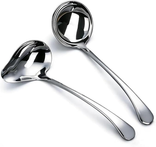 2-Piece Stainless Steel Small Ladle Set with Slanted Pour Spout, Sauce and Gravy Ladles, Modern Kitchen Utensil Set, 8-Inch Handle, Dishwasher Safe