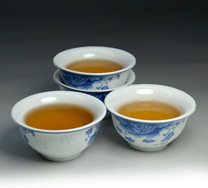 Liang baobao Chinese Traditional Tea Tasting Cup Set of 4, 2oz White Porcelain Mini Cups for Gongfu Tea Ceremony (Peony)