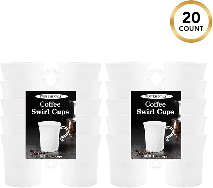 Party Essentials Disposable Plastic 8 oz. Swirled Cups With Handle for Coffee/Tea/Dessert/Fruit/Punch Drinks, White, 20 Count