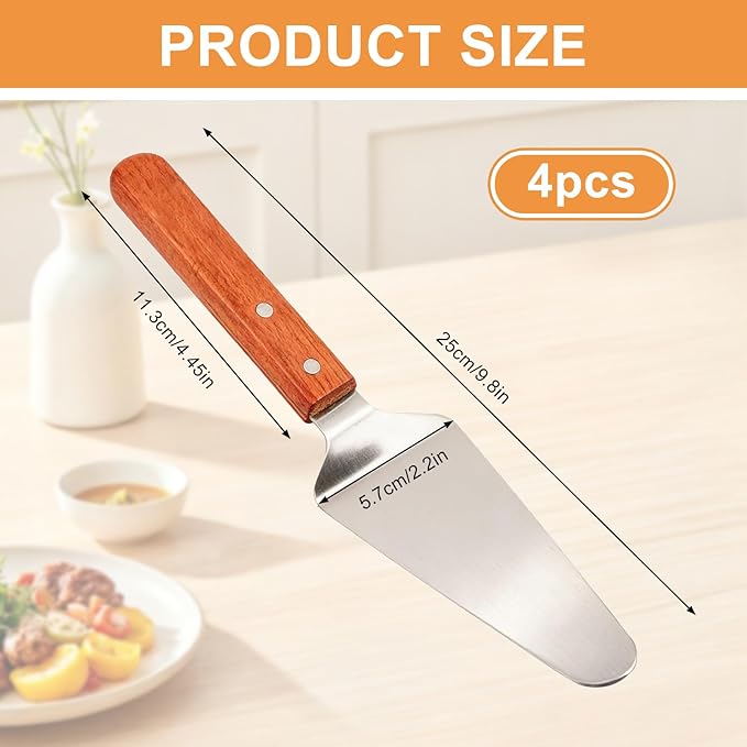 4 Pack Stainless Steel Pizza Servers with Wooden Handle, Pizza Cutter Cake Cutter Triangular Spade Pie Pastry Spatula for Tart, Dessert