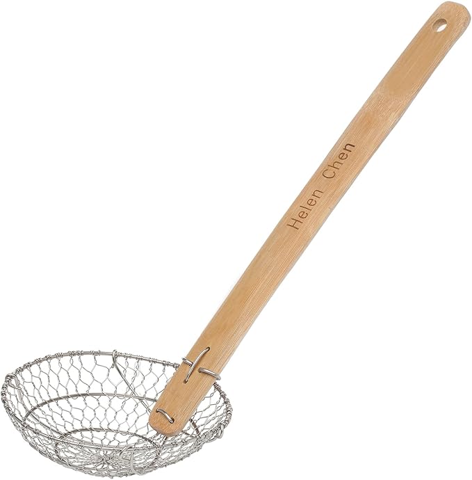 Helen's Asian Kitchen Spider Strainer, 7-Inch Stainless Steel Mesh Basket With Bamboo Handle, For Noodles, Dumplings, Wontons, Deep Frying, And Draining Tasks