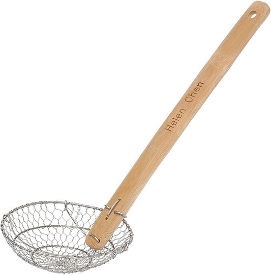 Helen's Asian Kitchen Spider Strainer, 7-Inch Stainless Steel Mesh Basket With Bamboo Handle, For Noodles, Dumplings, Wontons, Deep Frying, And Draining Tasks