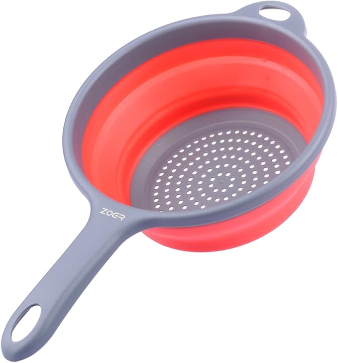 ZOER Kitchen Foldable Pasta Strainers,Collapsible Colanders with Handles,Space-Saver Folding Silicone Strainers Colander,Capacity of 2 quart (Red)