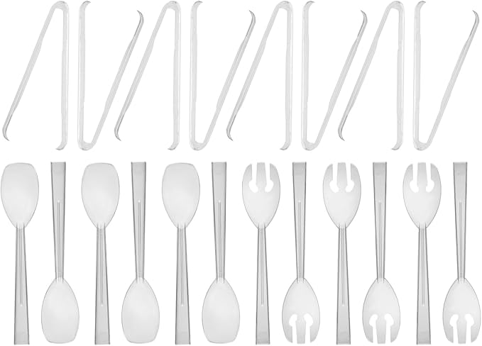 Party Essentials Plastic Party Buffet Serving Utensils Kit, Spoons/Forks/Tongs, 20-Piece, Clear
