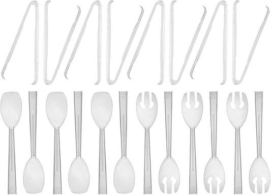 Party Essentials Plastic Party Buffet Serving Utensils Kit, Spoons/Forks/Tongs, 20-Piece, Clear