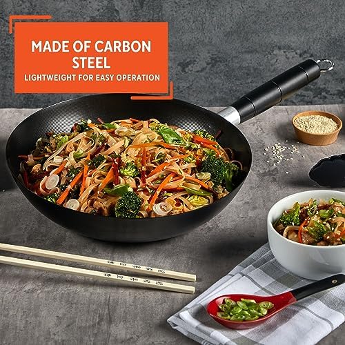 Imusa Carbon Steel Nonstick Wok 9.5 in Flat Bottom Wok_Pan for Electric Stove with Cool Touch Handle, Black Coating, Lightweight Steel Wok for Stir Fry and Fried Rice (Pack of 6)