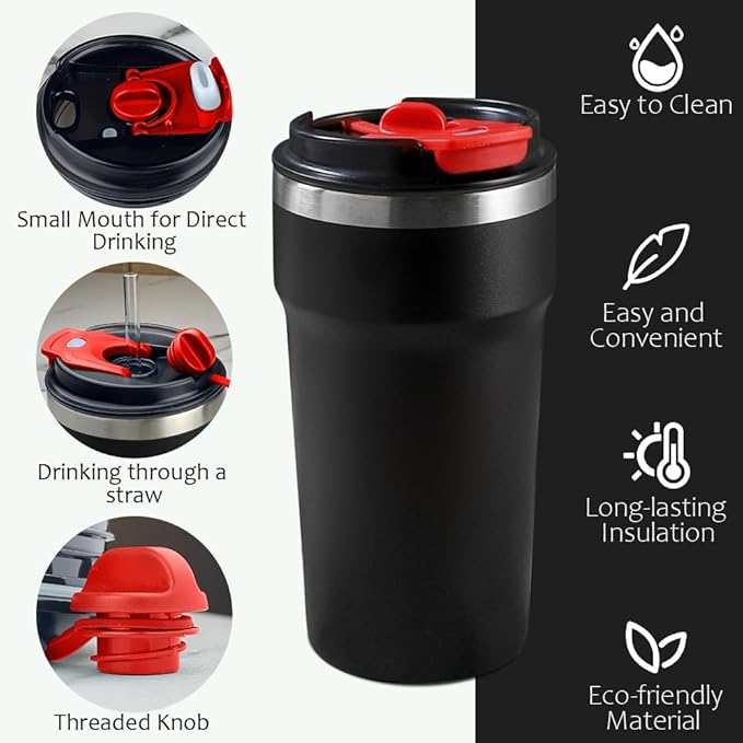 Travel Coffee Mugs Leak-Proof, Reusable Coffee Cups with Lids, Stainless Steel Vacuum Insulated Coffee Tumblers, Thermal Insulation Cups for Men and Women Hot & Cold Drinks(4th-Black, 16OZ)