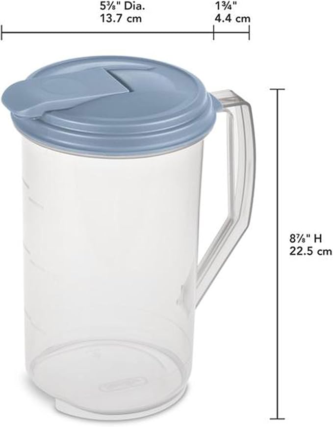 Sterilite 2 Quart Clear Round Plastic Pitcher, Dishwasher Proof with Blue Lid, Spout, and Handle for Easy Pouring, Washed Blue, 18-Pack