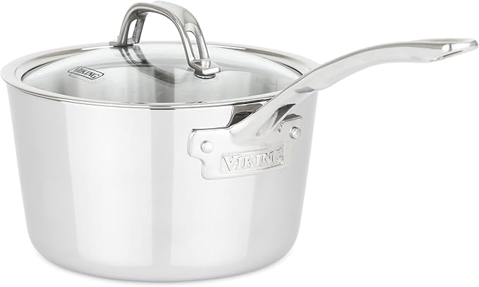 Viking Contemporary 3-Ply Stainless Steel Sauce Pan with Glass Lid, 3.4 Quart Saucepan Cooking Pot, Dishwasher and Oven Safe, Induction Ready, Silver