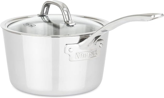 Viking Contemporary 3-Ply Stainless Steel Sauce Pan with Glass Lid, 3.4 Quart Saucepan Cooking Pot, Dishwasher and Oven Safe, Induction Ready, Silver