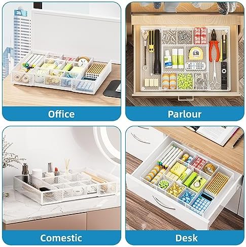 Marbrasse Expandable Desk Drawer Organizer, Mesh Drawer Organizer Tray with 10 Adjustable Compartments, Desk Organizers and Accessories, 5 Dividers Drawer for Office Supplies, Makeup & Vanity (White)