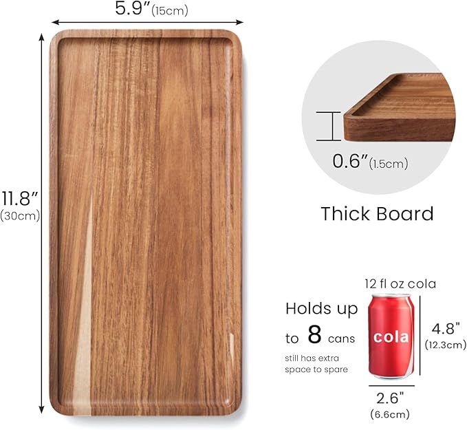 2 Pack Acacia Wood Serving Tray,11.8x5.9 Inch Decorative Trays Platter for Coffee Table,Living Room,Bar,Party,Mini Charcuterie Boards Cheese Board,Home Decor