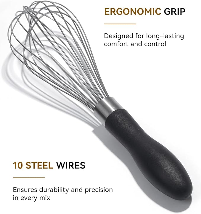 10 Inch Whisk, Sturdy Stainless Steel Wire Whisk with Non-Slip Grip - Dishwasher Safe & Rust Resistant Kitchen Tool for Cooking, Blending, Whisking & Mixing Batter