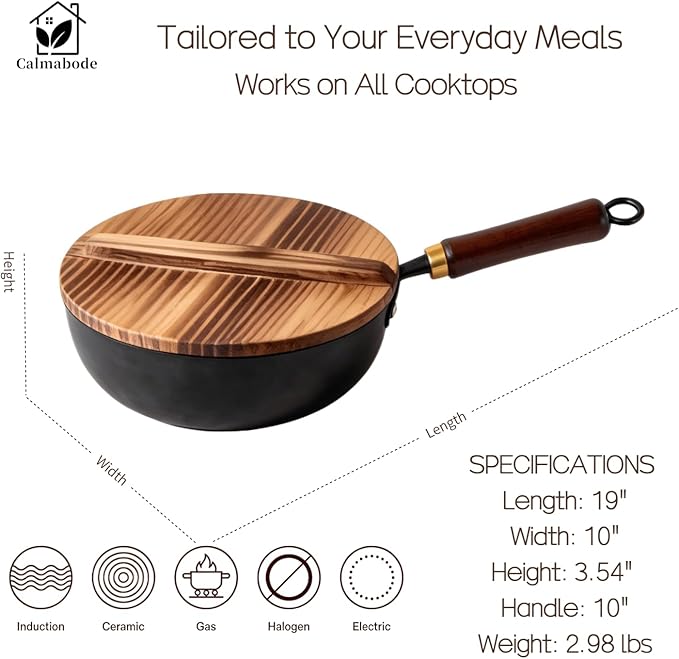 Calmabode 10" Pre-Seasoned Carbon Steel Wok - Fast, Even Heating - Works on Gas, Electric & Induction - Durable Commercial-Grade - Ready-to-Use, Easy Maintenance - Toxin-Free Cooking - Deep Pan