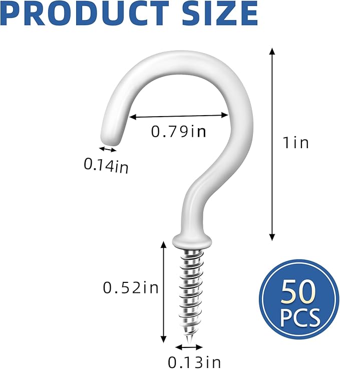 1" White Vinyl Coated Screw-in Hooks, Ceiling Hooks Wall Hooks Hanging Hooks Kitchen Hooks Indoor Outdoor for Cups Decors Plants Utensils Lights Baskets Wreaths, 50 PCS