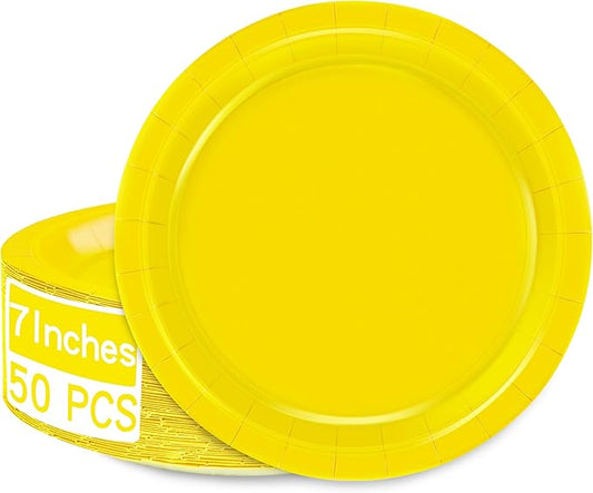 QZYL 50 Pieces Small Paper Plates, 7 Inches Yellow Dessert Dinnerware, Elegant Disposable Tableware Set, Paper Plates Heavy Duty, Party Supplies for Birthday Parties BBQs Picnics Events Gatherings