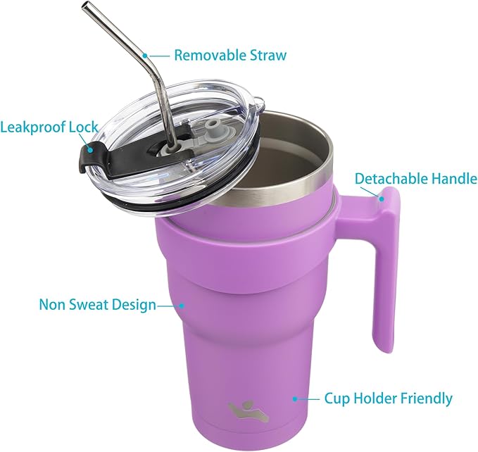 30 oz Tumbler with Handle and 2 Straw 2 Lid, Insulated Water Bottle Stainless Steel Vacuum Cup Reusable Travel Mug,Lavender