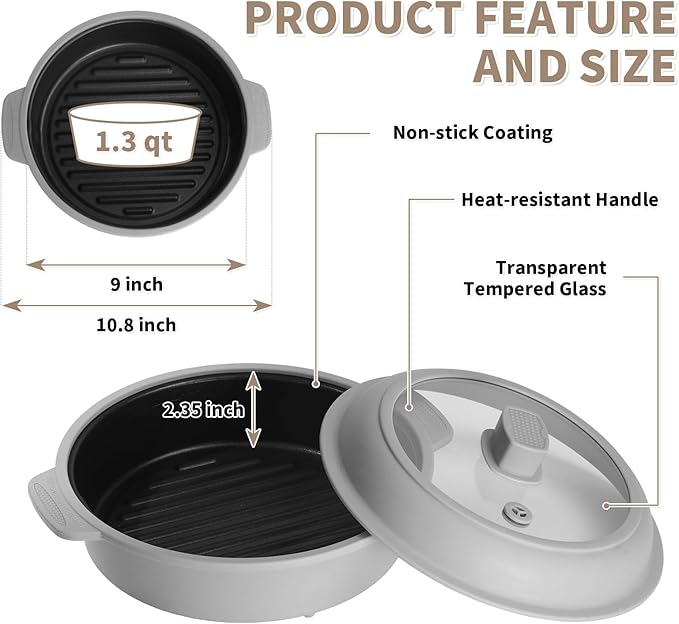 GLOU-GLOU GOOSE GGG Microwave Grill Pan, Fry Griddle Crisper Pan with Lid for Grilling Browning and Crisping Foods Microwave Silicone Cookware for Meat Sandwich Vegetable Light Grey