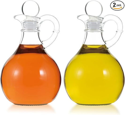 Oil and Vinegar Cruet Set of 2, Glass Oil and Vinegar Dispenser with Airtight Stopper, Glass Condiment Container for Homemade Oil, Salad Dressing