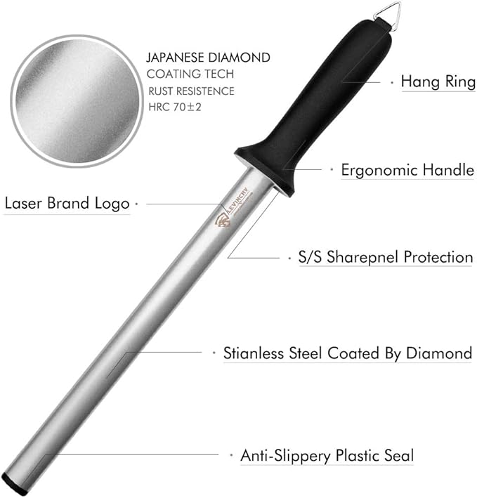 Diamond Knife Sharpening Steel - 12 inch Professional Diamond Coated Honing Steel, Premium Knife Sharpener Rod for All Knives, Lightweight & Durable