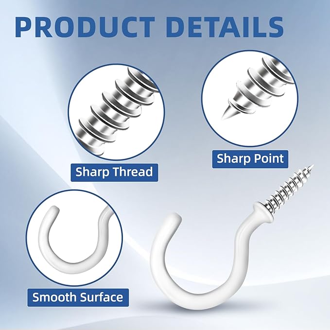 5/8" Small White Vinyl Coated Screw-in Hooks, Ceiling Hooks Wall Hooks Hanging Hooks Kitchen Hooks Indoor Outdoor for Cups Decors Plants Utensils Lights Baskets Wreaths, 100 PCS