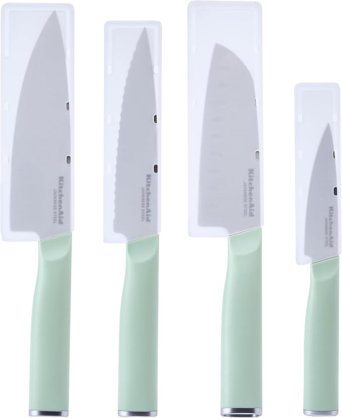 KitchenAid Chef Set with Custom Fit Covers, Sharp Kitchen Knife, High-Carbon Japanese Stainless Steel Blade, 4 Piece, Pistachio