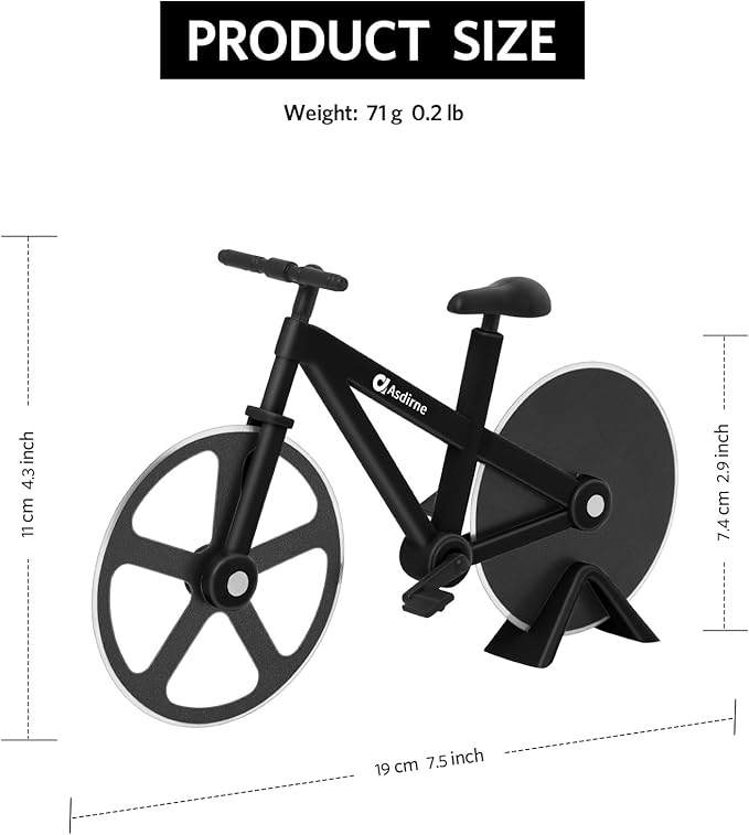 Pizza Cutter, Bicycle Pizza Cutter Wheel with Non-Stick Stainless Steel Super Sharp Blades, Novelty Gift, 7.5", Black