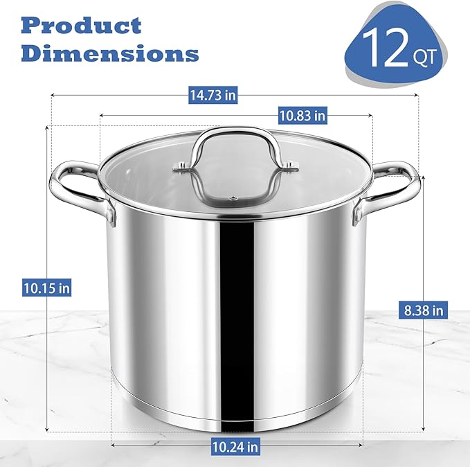 P&P CHEF 12 QT Stock Pot with Lid, Stainless Steel Large Cooking Pot, Soup Canning Stockpot for Stewing Simmering, Tri-ply Bottom for All Stoves, Heavy-Duty &Dishwasher Safe & Food-Grade