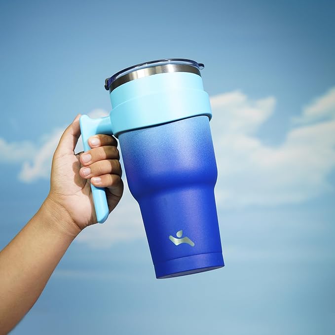 30 oz Tumbler with Handle and 2 Straw 2 Lid, Insulated Water Bottle Stainless Steel Vacuum Cup Reusable Travel Mug,Sky