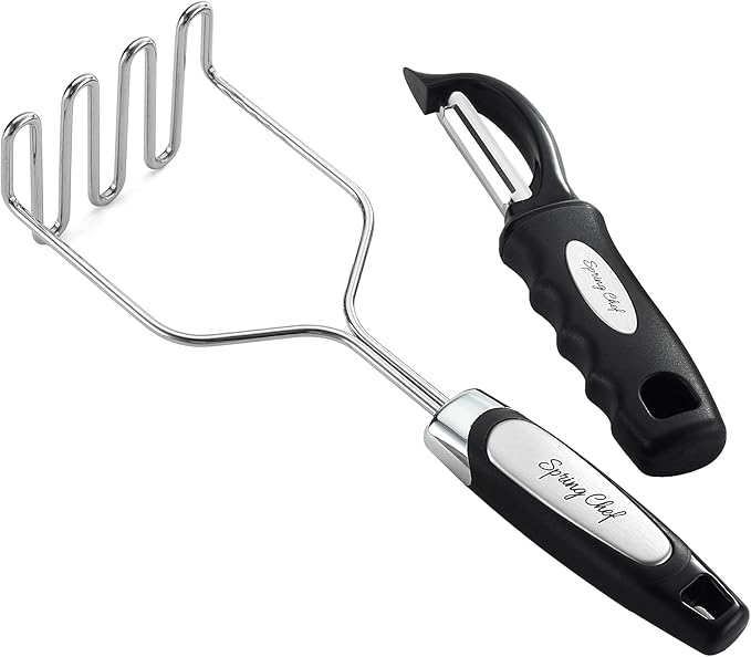 Spring Chef Stainless Steel Premium Vegetable Peeler with Potato Masher, Soft Grip Handle Metal Food Peeler and Masher for Fruit & Vegetables