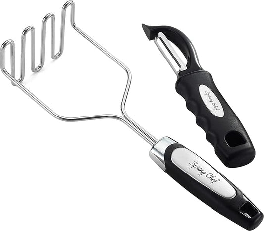 Spring Chef Stainless Steel Premium Vegetable Peeler with Potato Masher, Soft Grip Handle Metal Food Peeler and Masher for Fruit & Vegetables