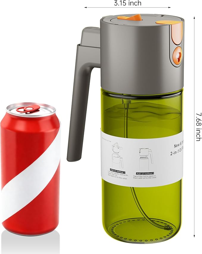 Upgrade 2 in 1 Oil Sprayer for Cooking, 17oz Light-Blocking Glass Olive Oil Dispenser Bottle for Kitchen,Food-Grade Oil Mister with 8 Stickers for Salad, Frying (Green Bottle-Grey Gap)